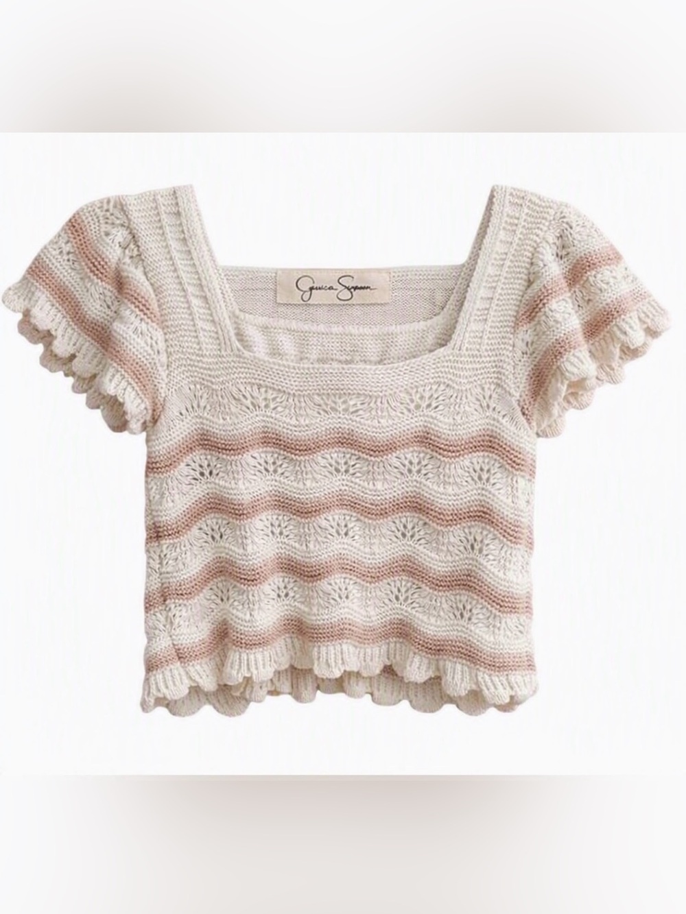 Jessica Simpson Striped Knit Square-Neck Crop Top in Cream and Dusty Pink large